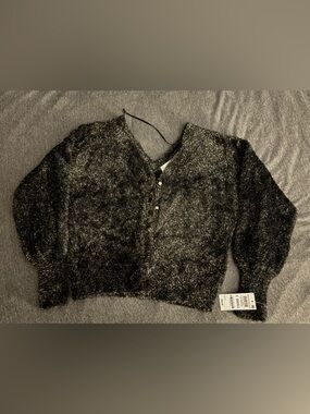 Fuzzy Metallic Black Button-Front Women's Cardigan